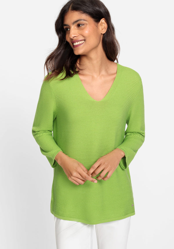 Cotton Blend 3/4 Sleeve Ribbed V-Neck Pullover