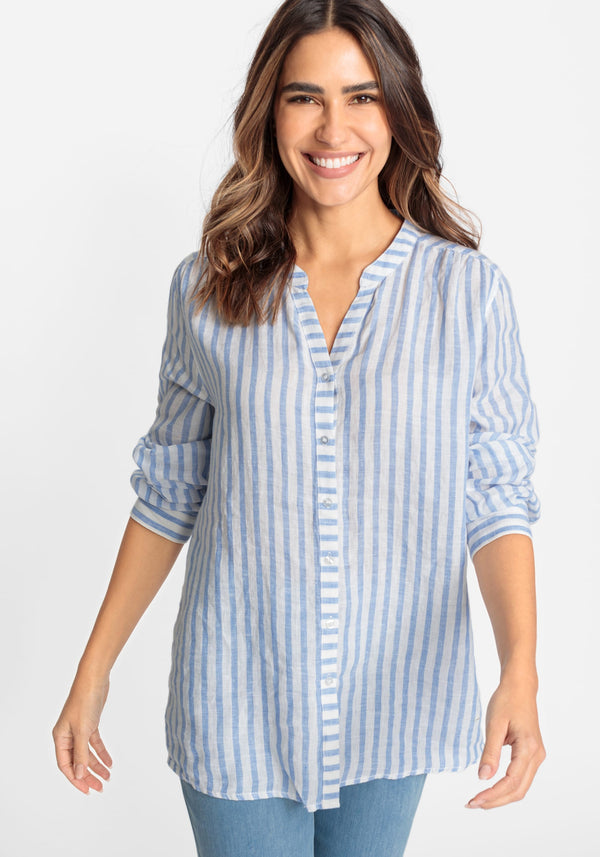 Cotton Linen Blend Long Sleeve Striped Shirt - Olsen Fashion Canada