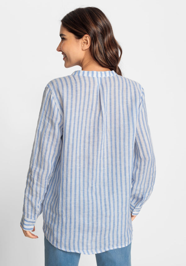 Cotton Linen Blend Long Sleeve Striped Shirt - Olsen Fashion Canada