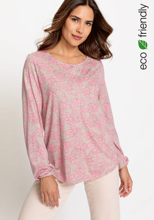Cotton Blend Long Sleeve Allover Print Keyhole Neckline T-Shirt