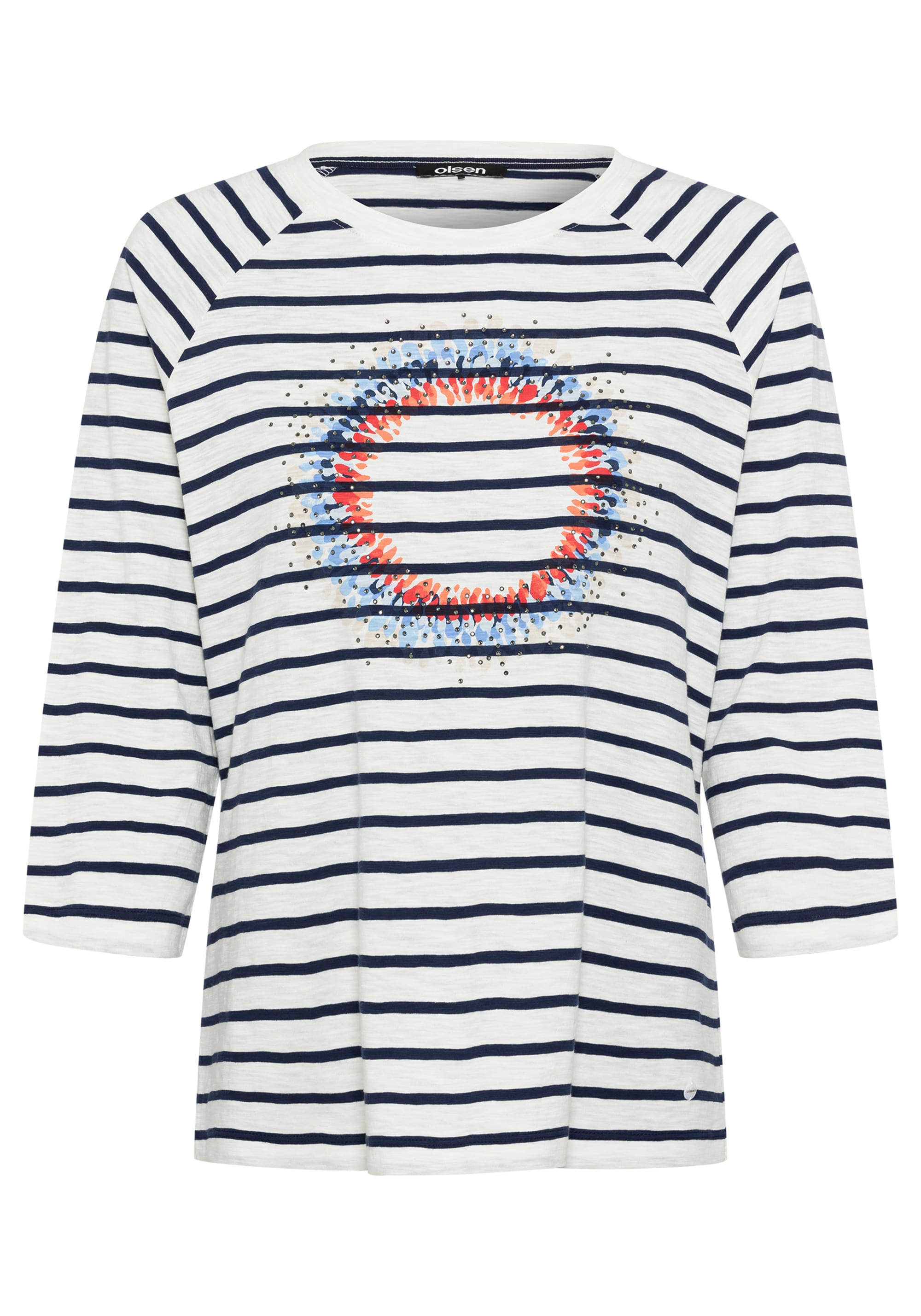 100% Cotton 3/4 Sleeve Striped and Embellished Placement Print T