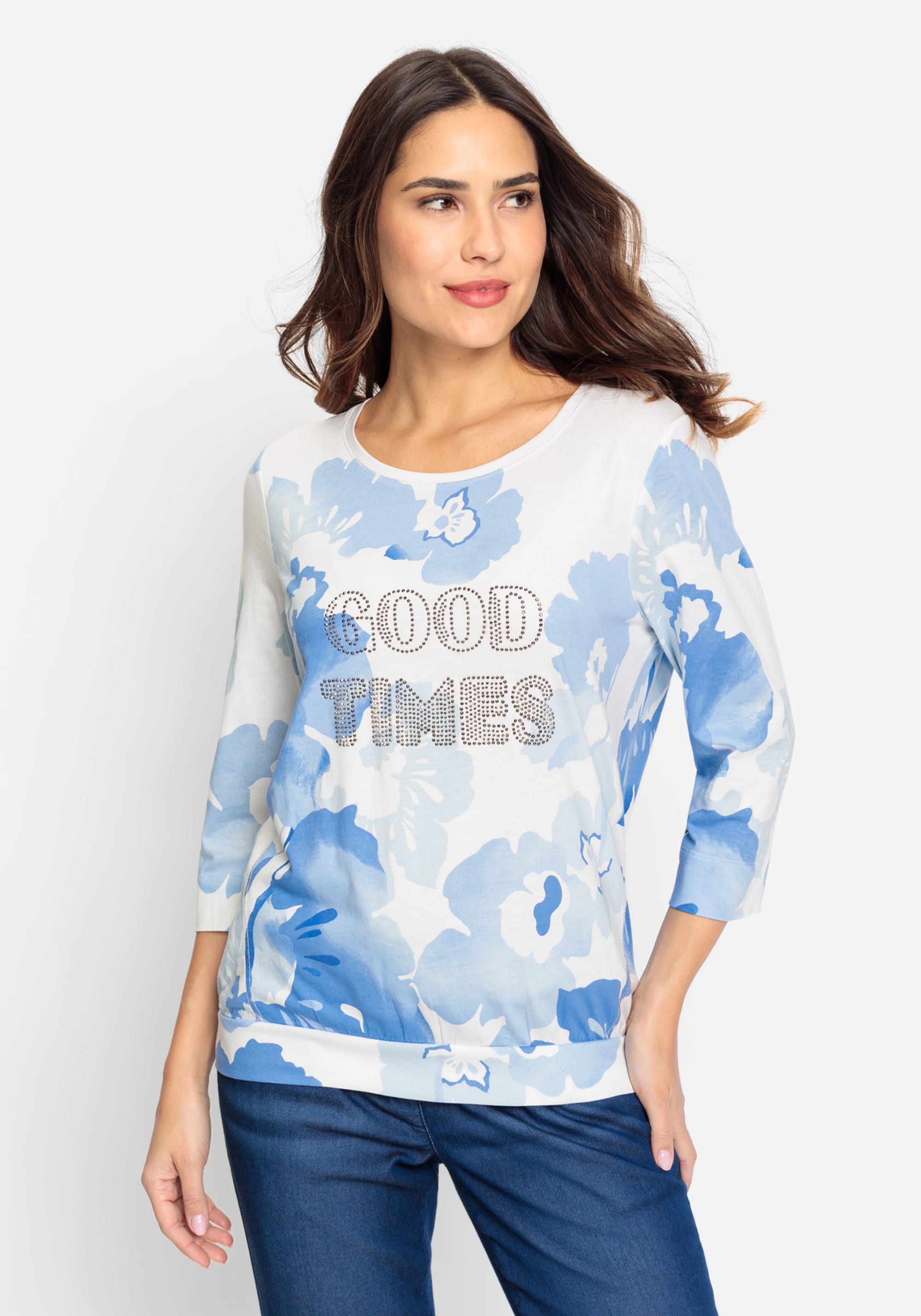 3/4 Sleeve Embellished Placement Print T-Shirt containing TENCEL