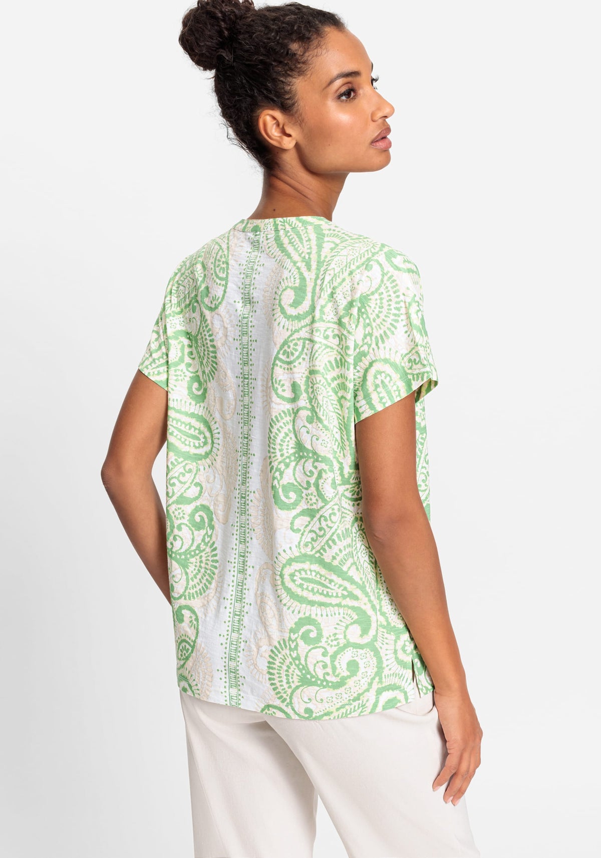 100% Cotton Short Sleeve Paisley Print Split Neck T-Shirt