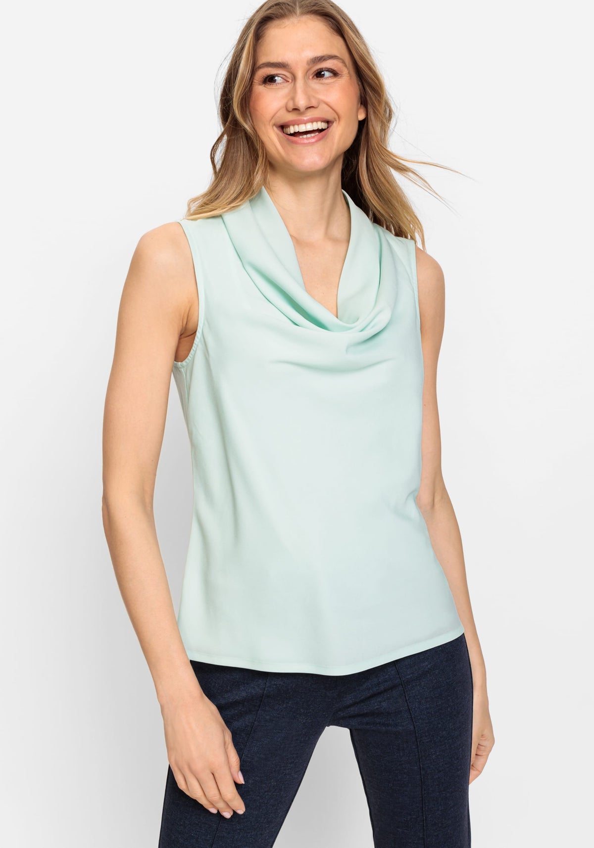 Mixed Media Sleeveless Cowl Neck Top