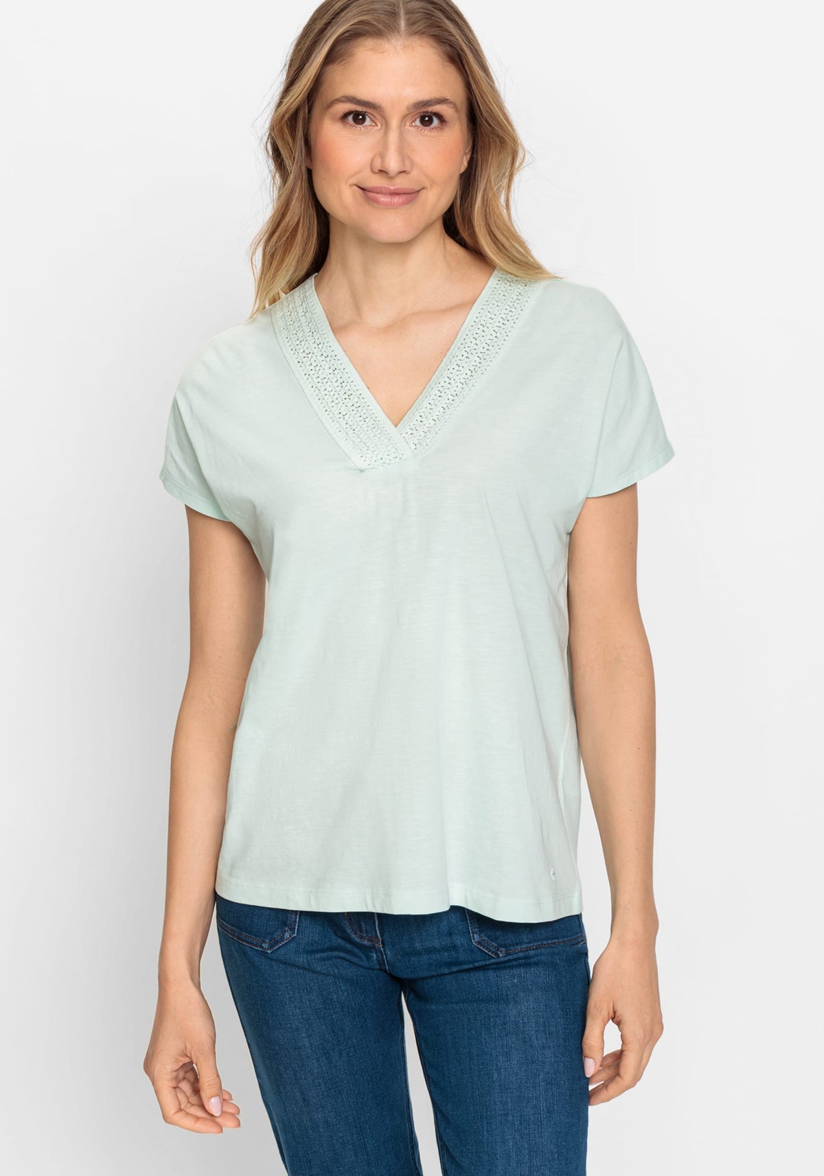 100% Cotton Short Sleeve T-Shirt with Embroidered Neckline