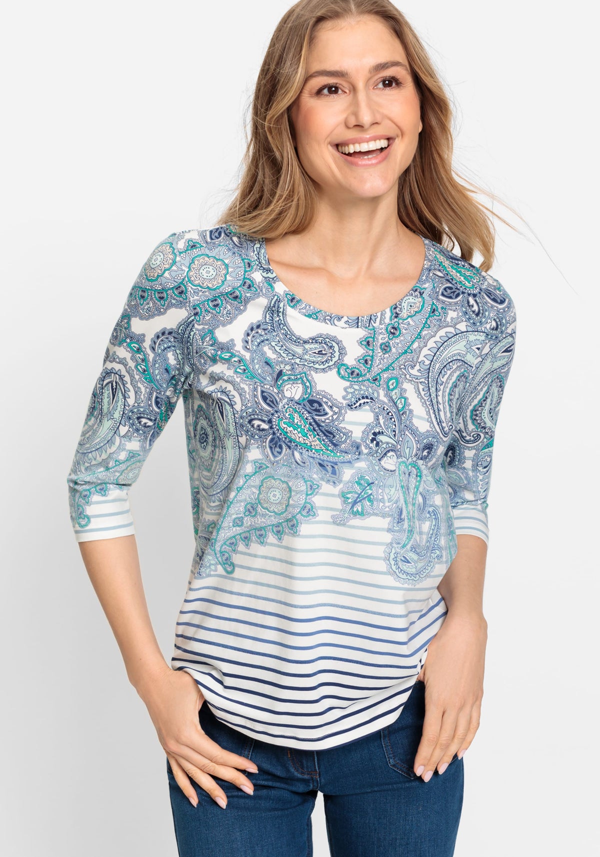 Cotton Blend 3/4 Sleeve Paisley &amp; Stripe T-Shirt