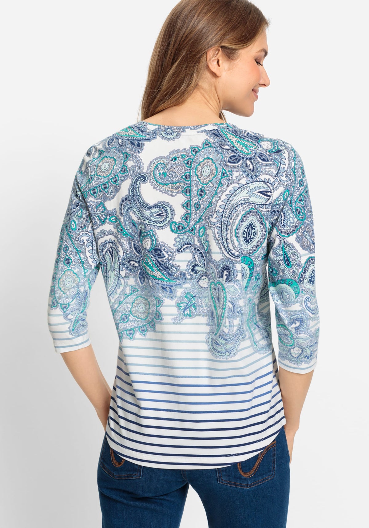 Cotton Blend 3/4 Sleeve Paisley &amp; Stripe T-Shirt