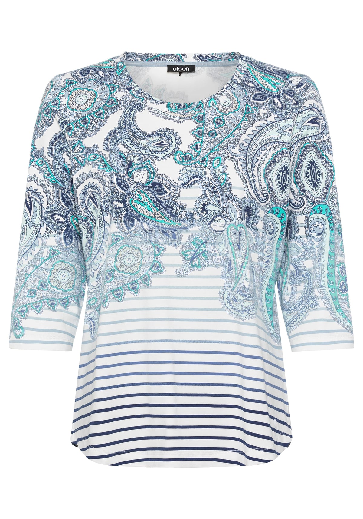 Cotton Blend 3/4 Sleeve Paisley &amp; Stripe T-Shirt