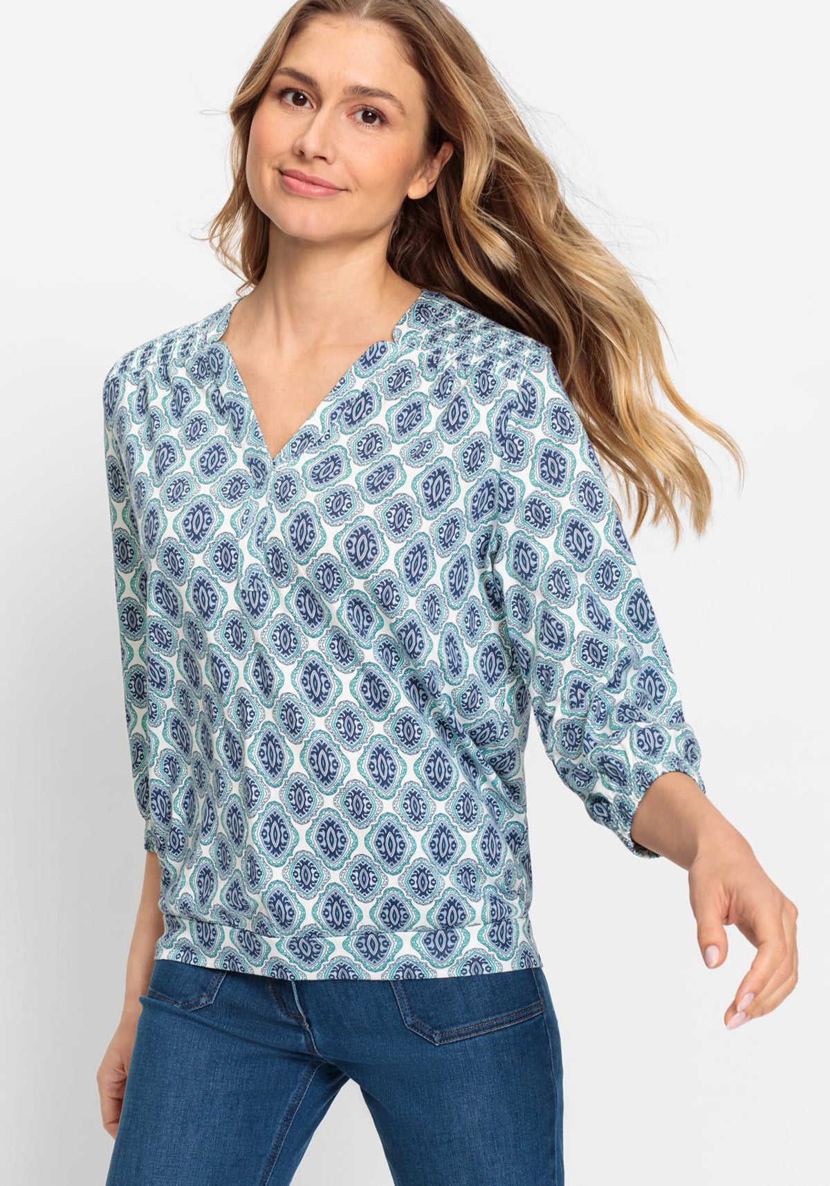 Cotton Blend 3/4 Sleeve Ornamental Print Tunic T-Shirt containing TENCEL™ Modal