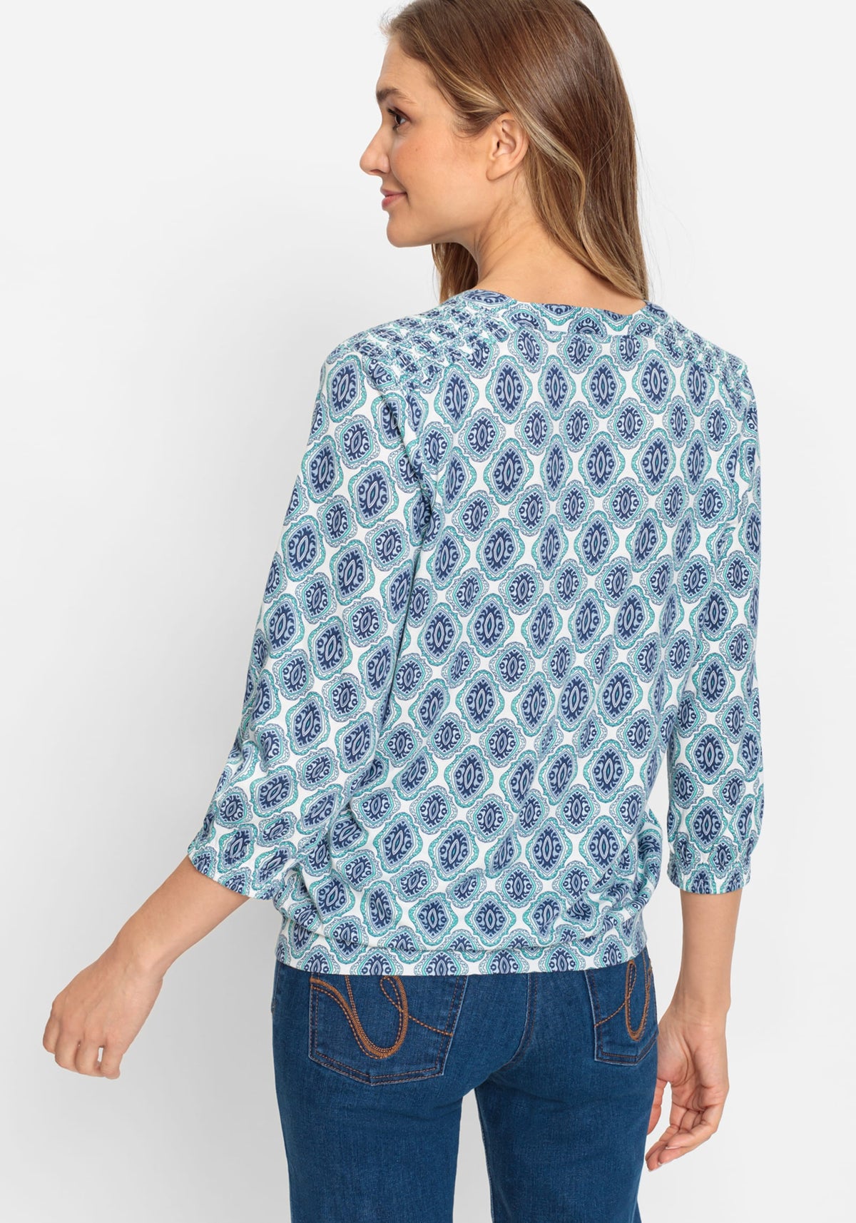 Cotton Blend 3/4 Sleeve Ornamental Print Tunic T-Shirt containing TENCEL™ Modal