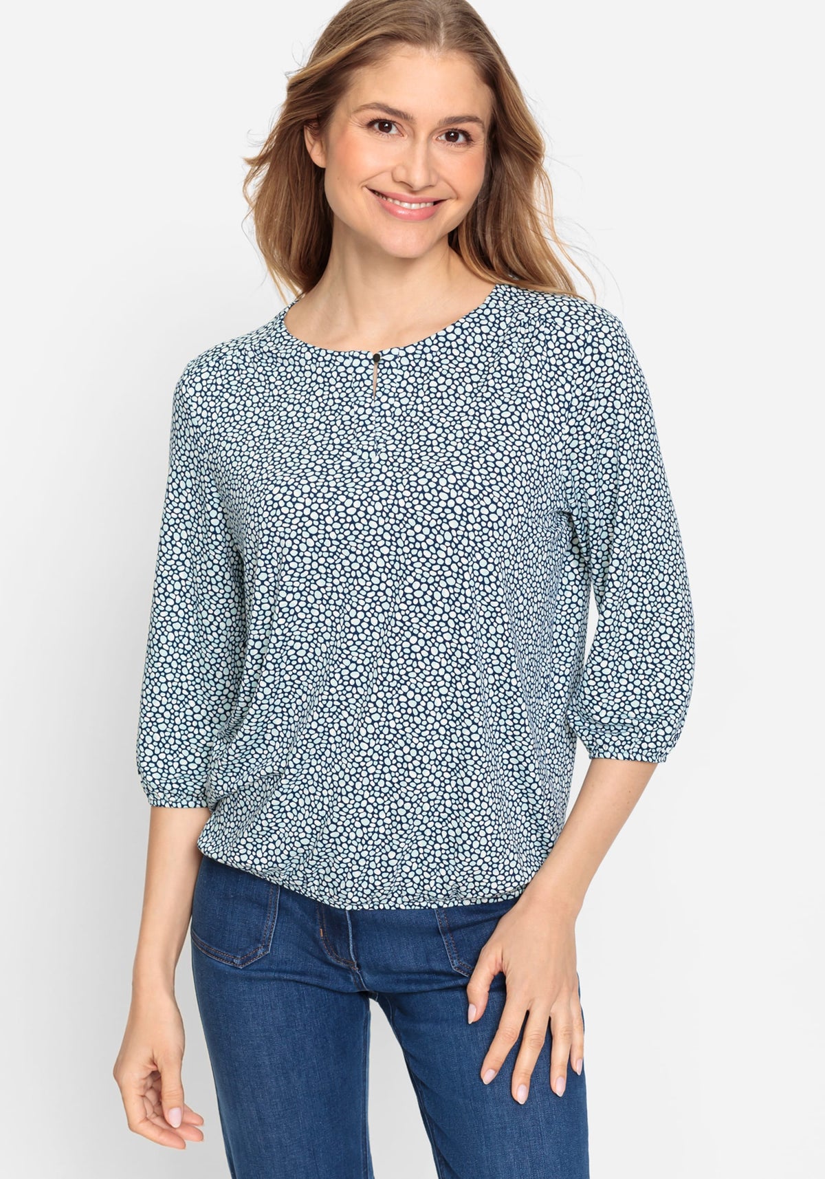 Viscose Blend 3/4 Sleeve Allover Pebble Print Split V-Neck T-Shirt