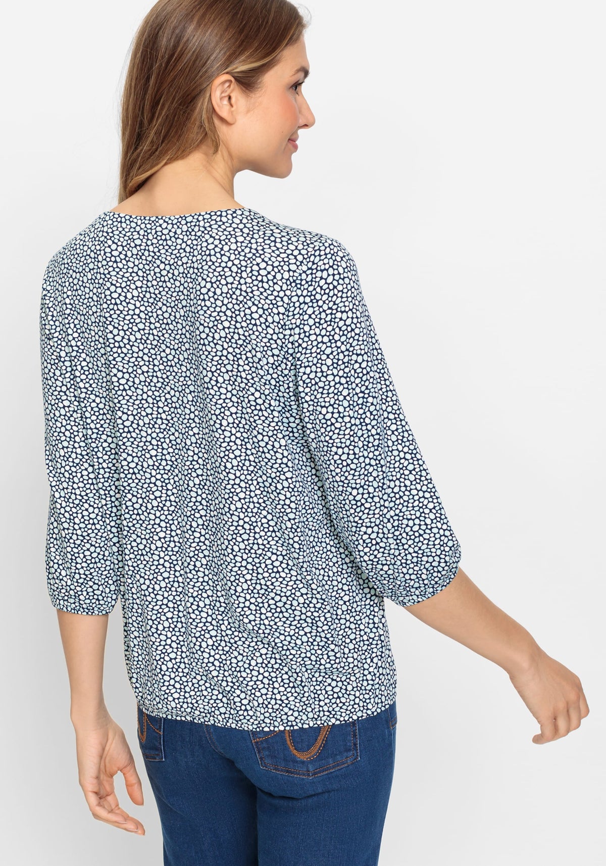 Viscose Blend 3/4 Sleeve Allover Pebble Print Split V-Neck T-Shirt