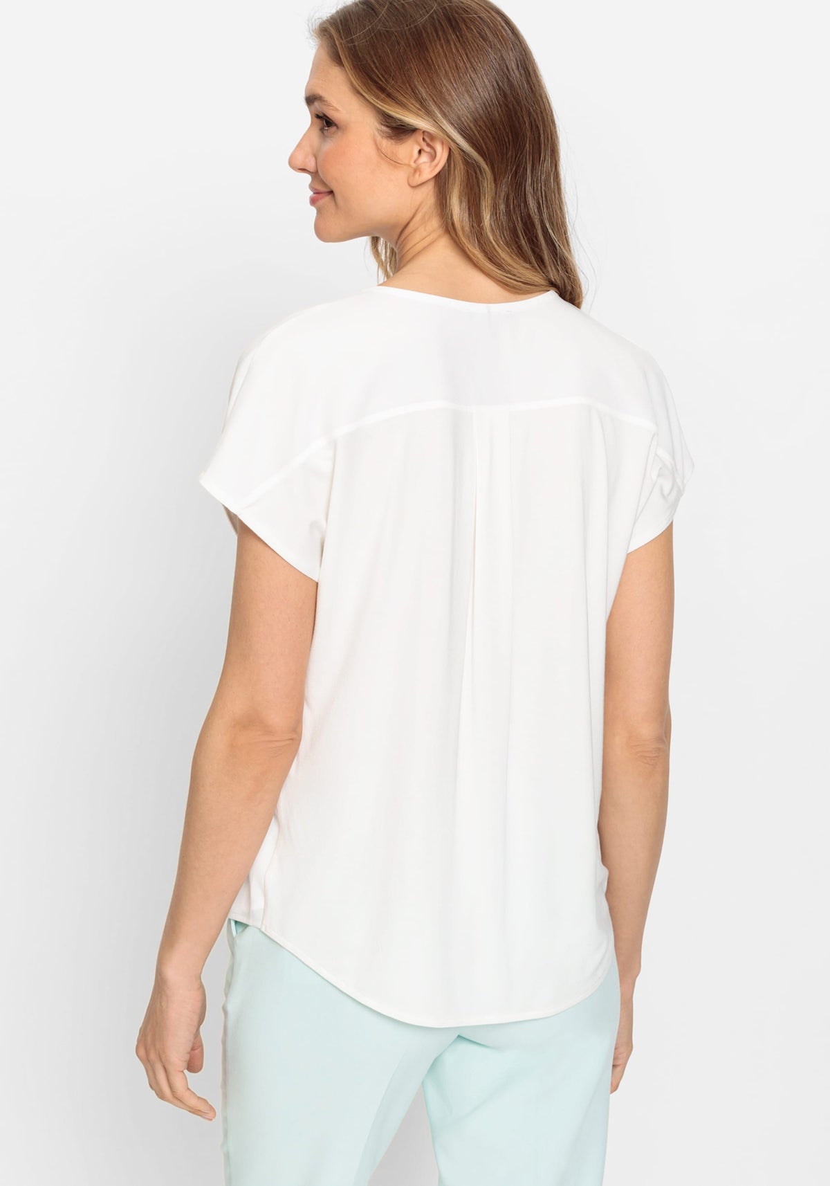 Short Sleeve Split Neck Mixed Media Top