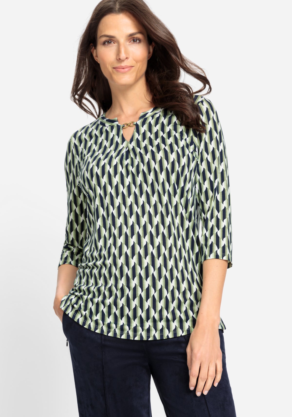 Retro Print Split Neck T-Shirt