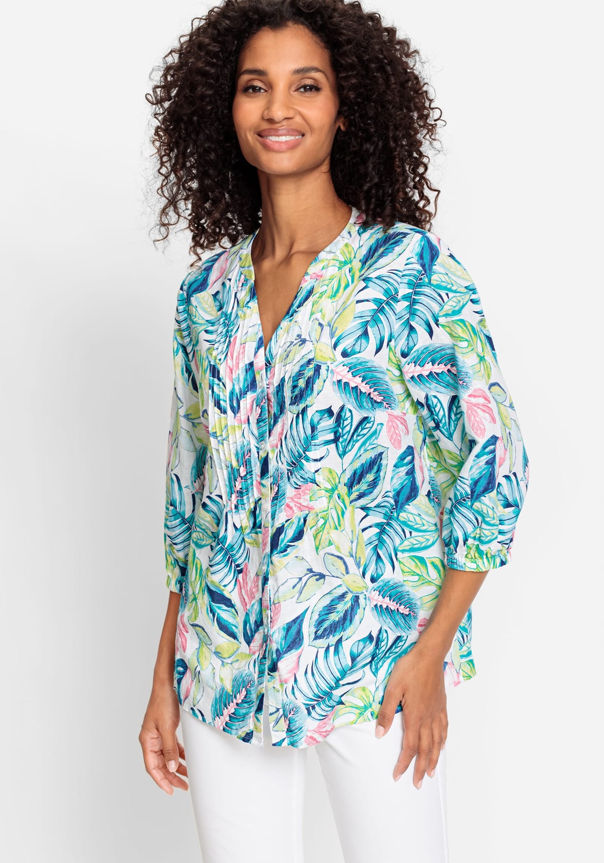 Chemise tunique en coton lin imprimé tropical 3/4