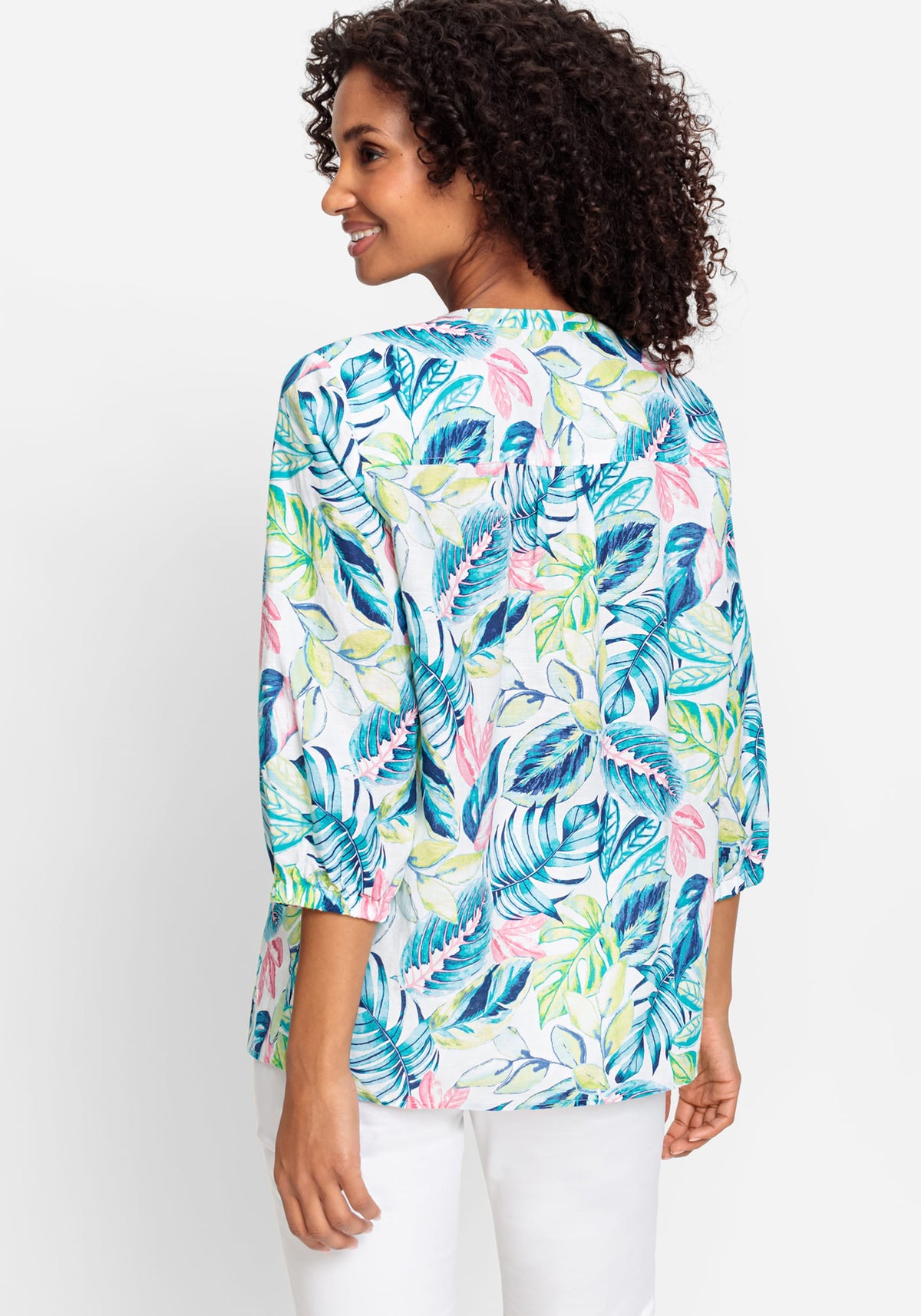 Chemise tunique en coton lin imprimé tropical 3/4