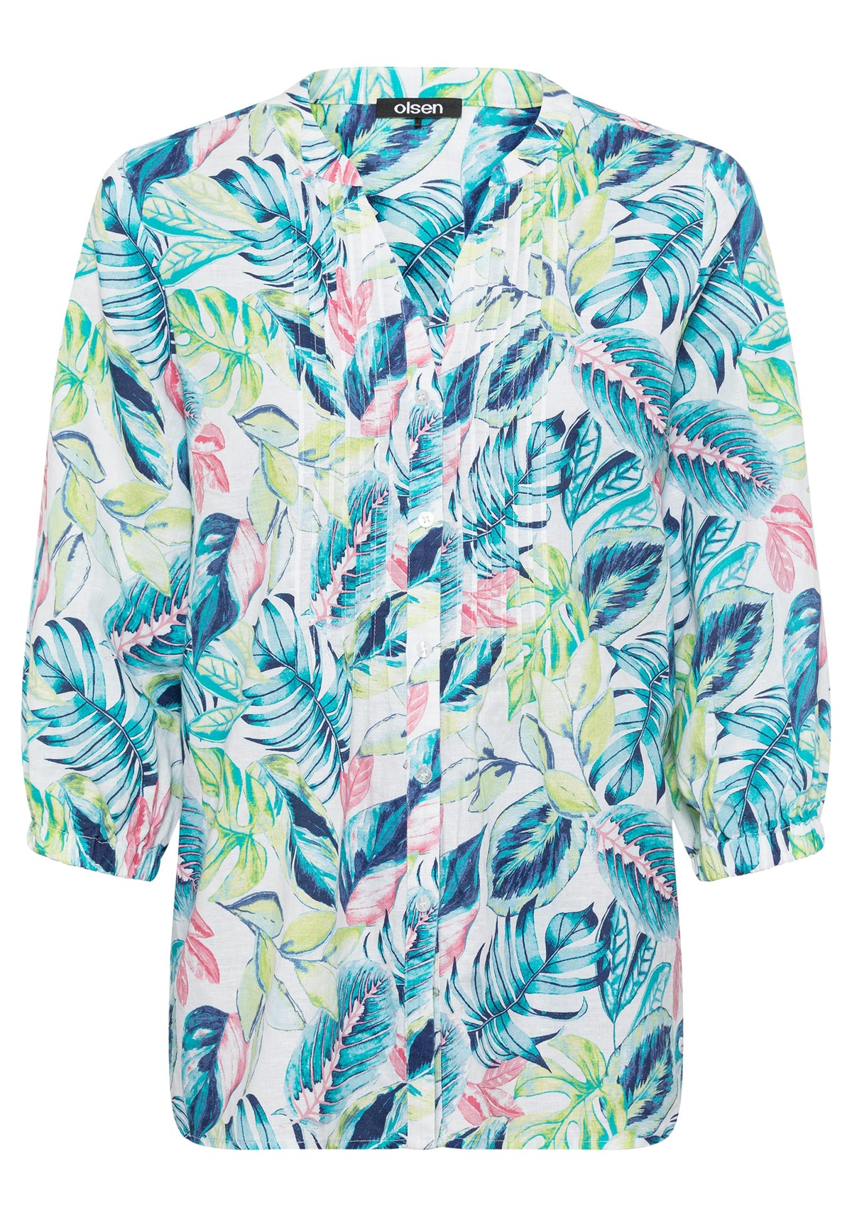 Chemise tunique en coton lin imprimé tropical 3/4