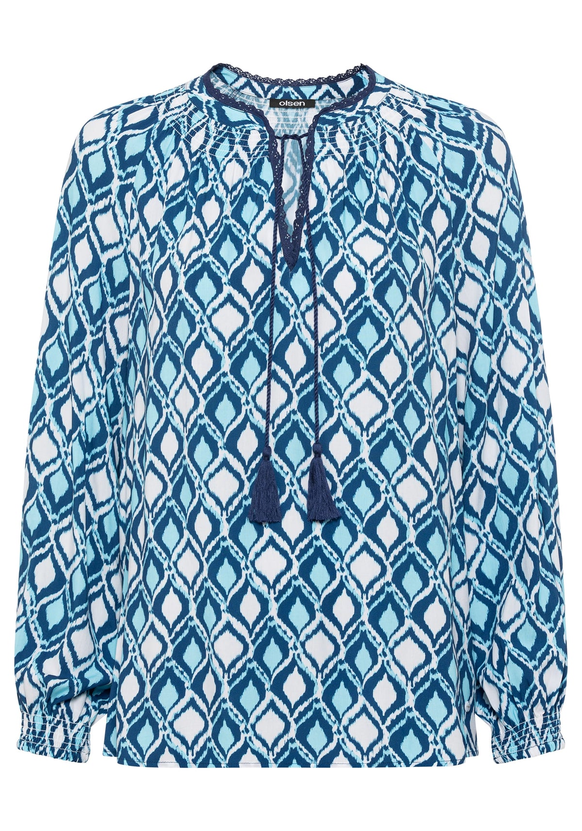 Long Sleeve Ikat Print Tunic Blouse