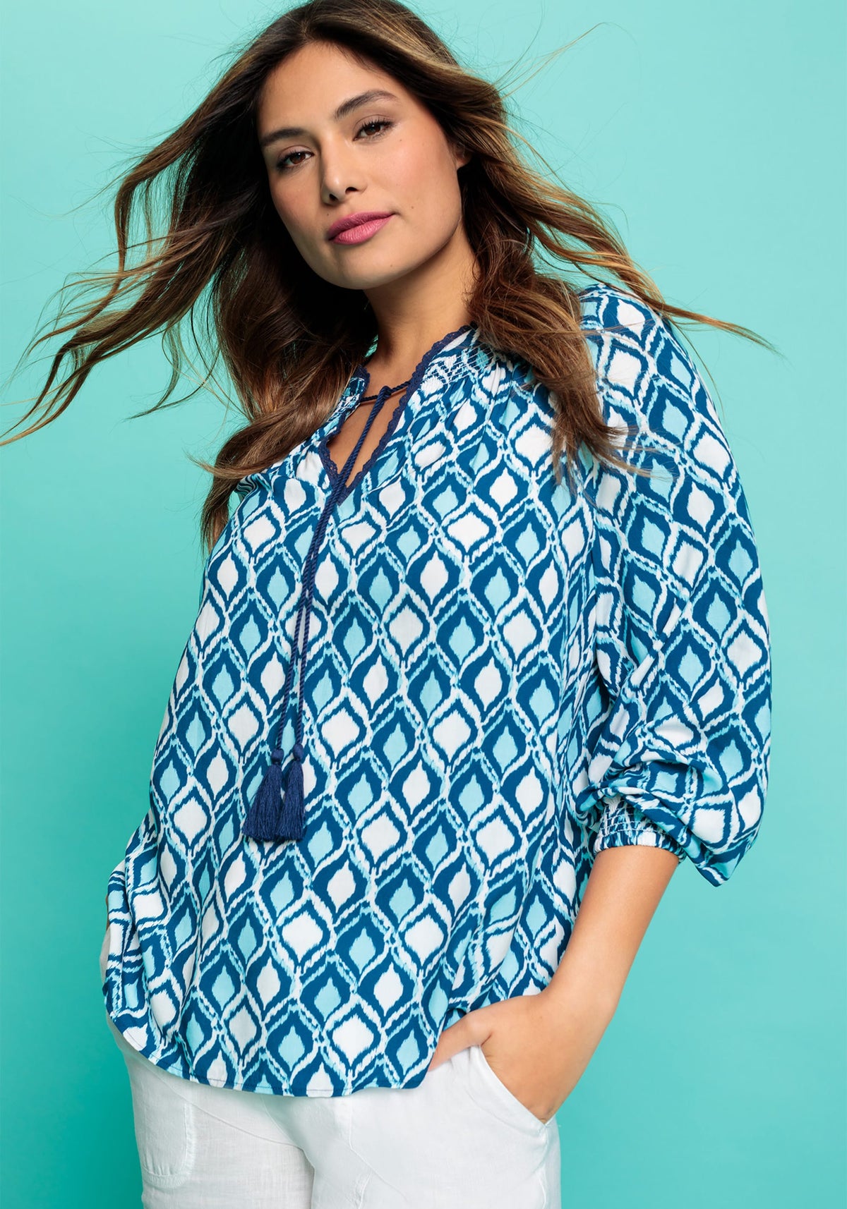 Long Sleeve Ikat Print Tunic Blouse