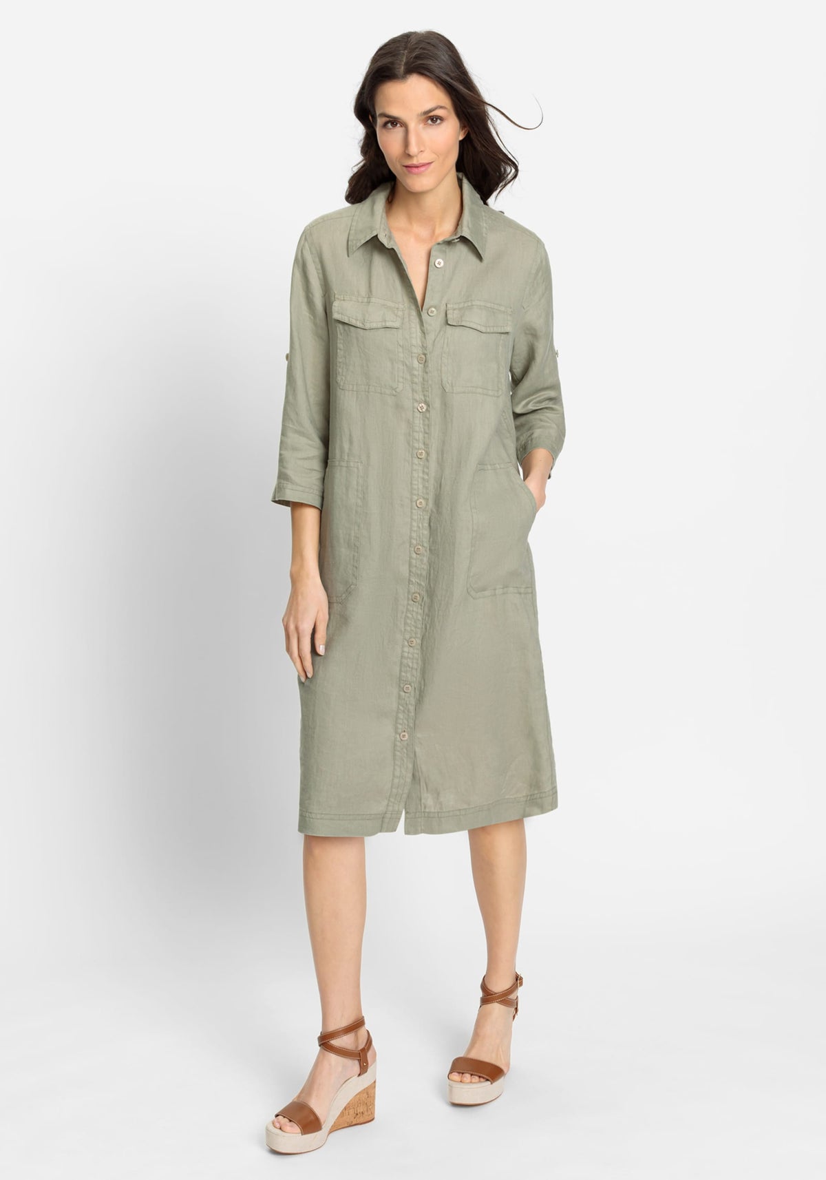 100% Linen 3/4 Sleeve Dress with Rolled Sleeve Tab Detail