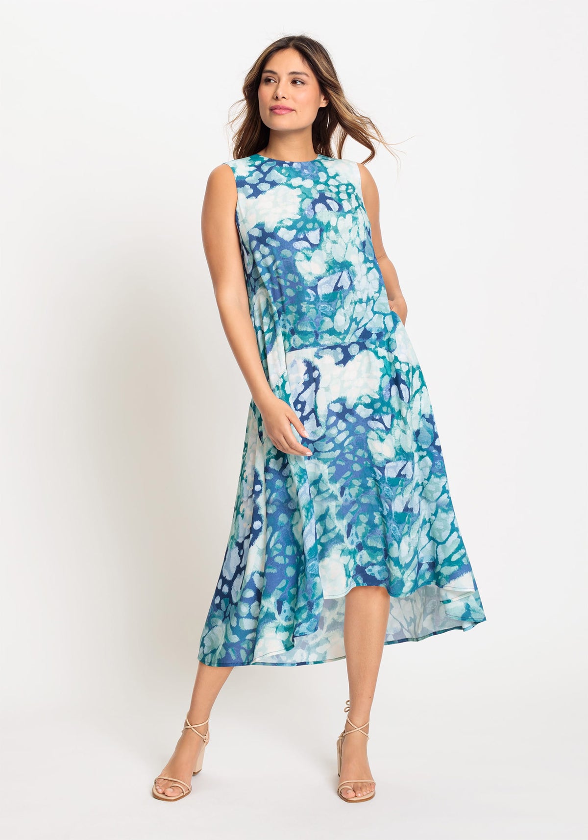 Sleeveless Water Print Tiered High-Low Dress