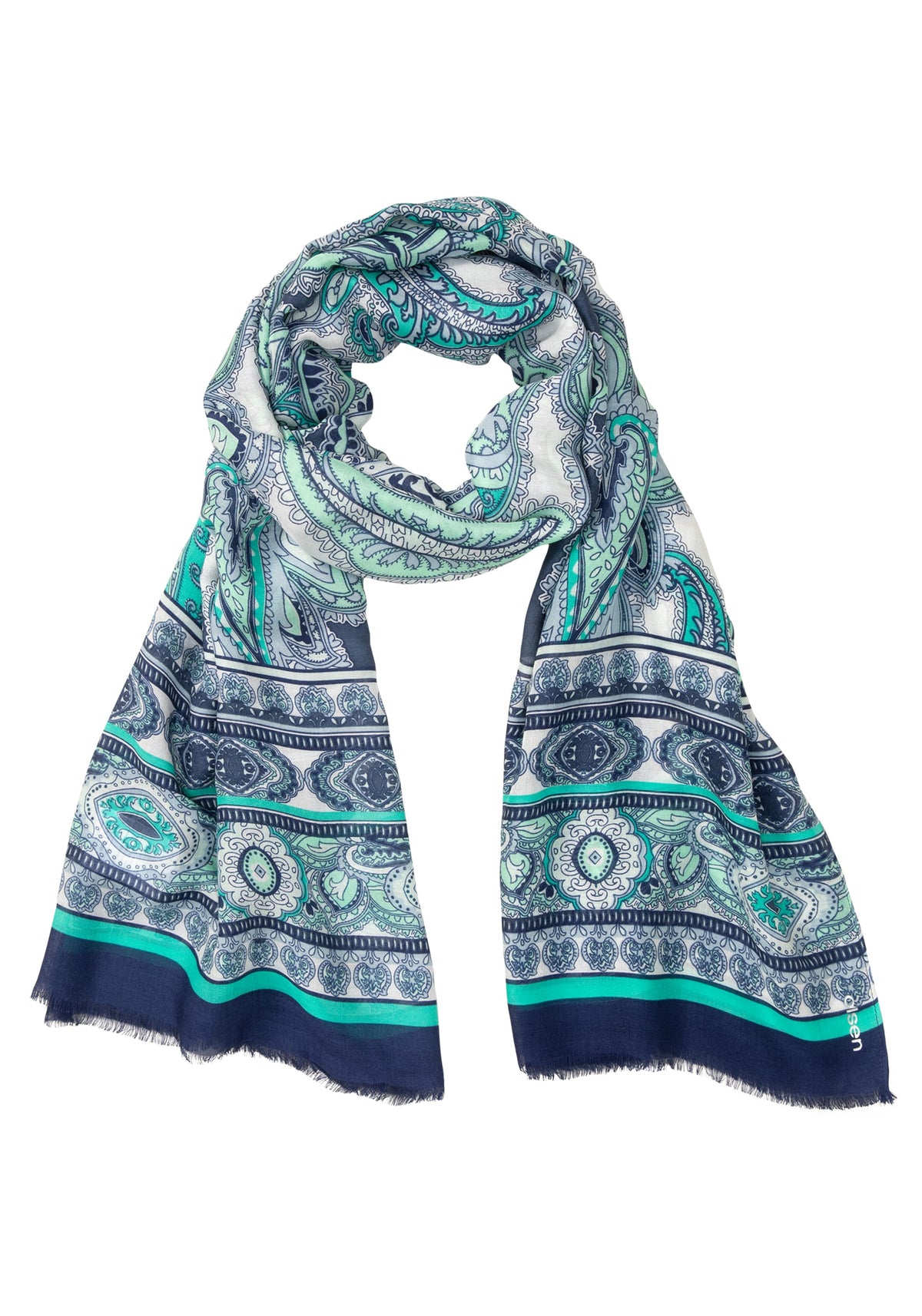 Ornamental Print Scarf with Frayed Edge Trim